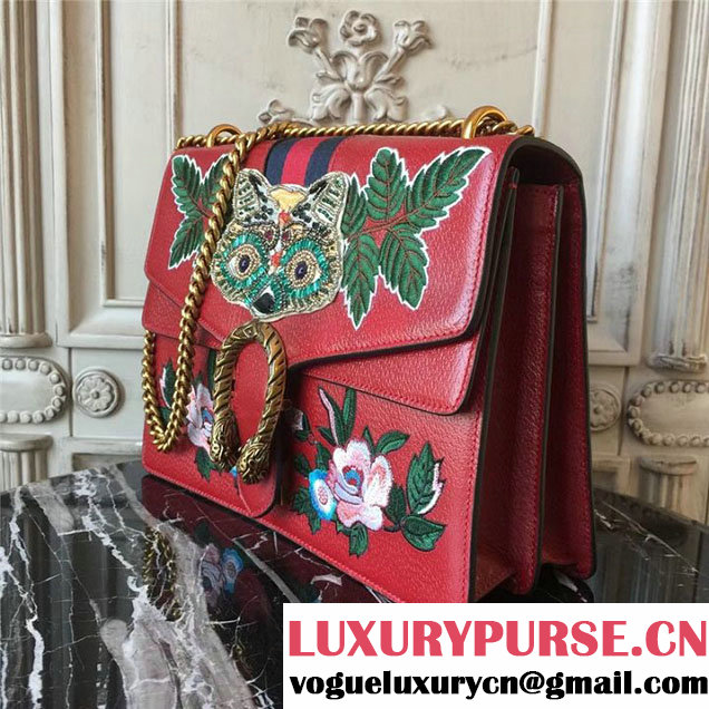 Gucci Dionysus Shoulder Bag 30cm 400235 Raccoon Appliqu&eacute; Floral Embroidery Calfskin Leather Fall Winter 2017 Collection Burgundy Red