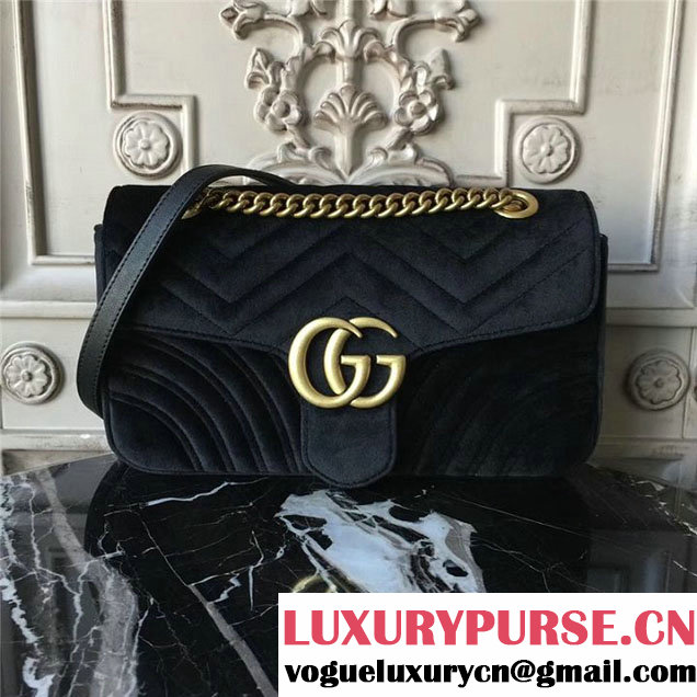 Gucci Marmont Chevron Velvet Shoulder Bag 26cm 443497 Fall Winter 2017 Collection Black