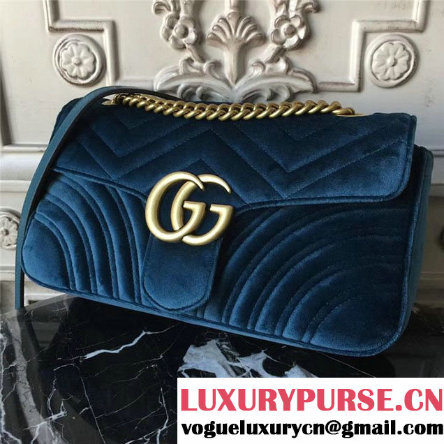 Gucci Marmont Chevron Velvet Shoulder Bag 26cm 443497 Fall Winter 2017 Collection Teal