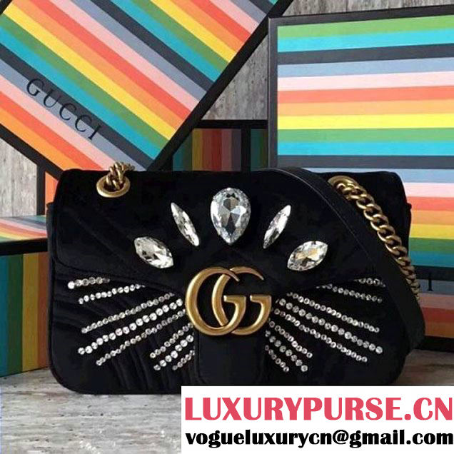 Gucci GG Marmont Velvet Small Shoulder Bag With Crystals 443497 Black 2018 (SLP-7112108 )