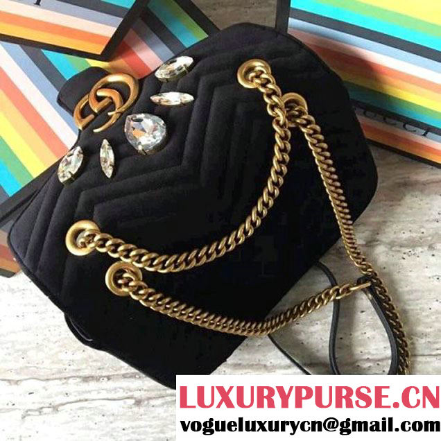 Gucci GG Marmont Velvet Small Shoulder Bag With Crystals 443497 Black 2018 (SLP-7112108 )