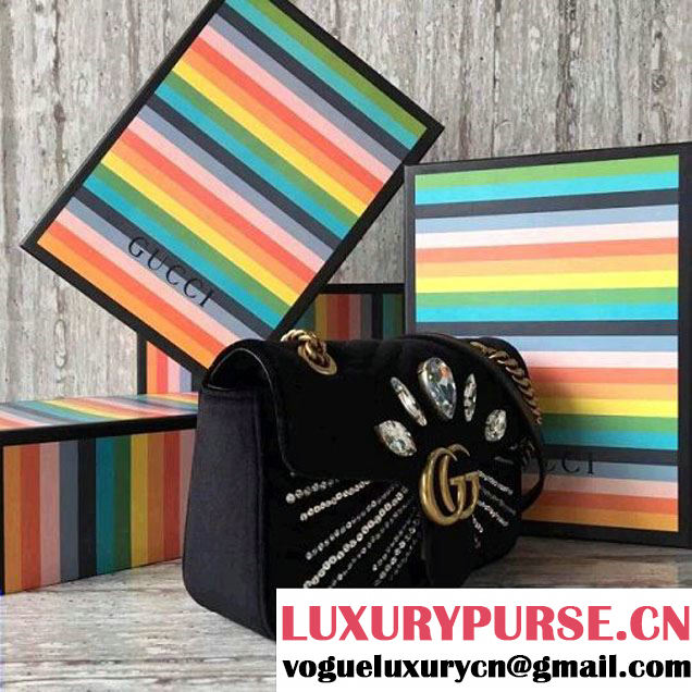 Gucci GG Marmont Velvet Small Shoulder Bag With Crystals 443497 Black 2018 (SLP-7112108 )