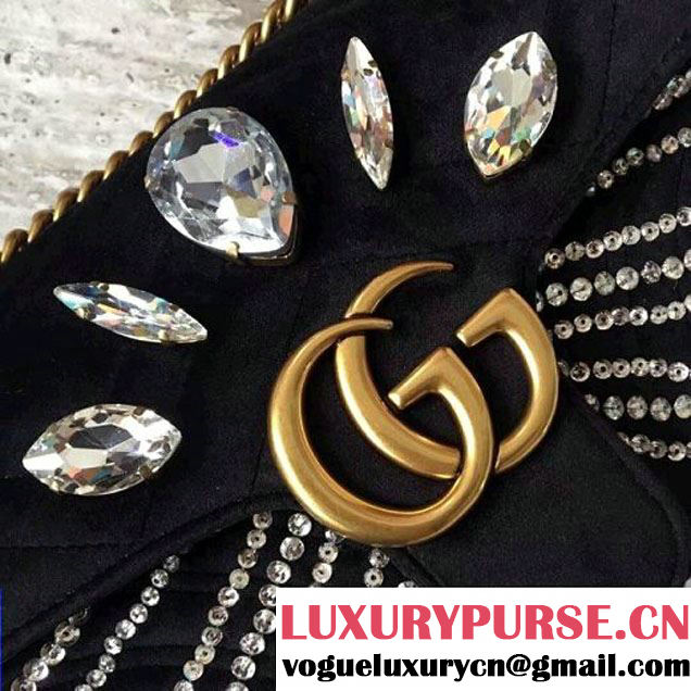 Gucci GG Marmont Velvet Small Shoulder Bag With Crystals 443497 Black 2018 (SLP-7112108 )