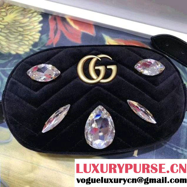 Gucci GG Marmont Velvet Belt Bag With Crystals 476434 Black 2018 (SPM-7112106 )