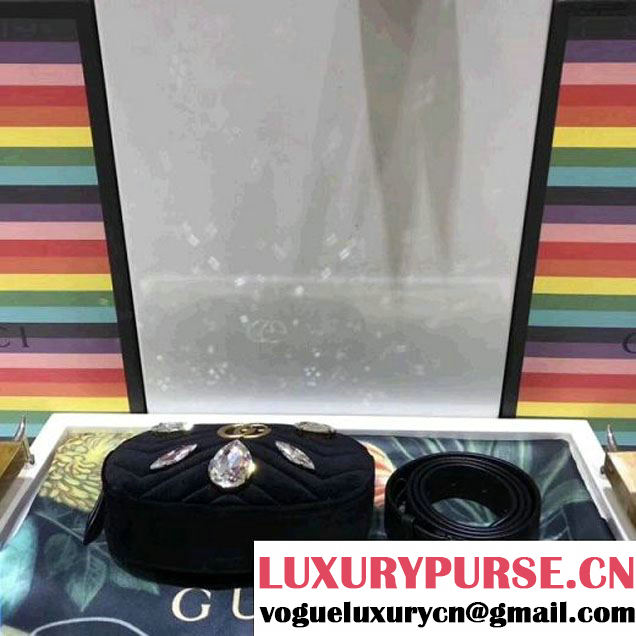 Gucci GG Marmont Velvet Belt Bag With Crystals 476434 Black 2018 (SPM-7112106 )