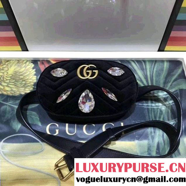 Gucci GG Marmont Velvet Belt Bag With Crystals 476434 Black 2018 (SPM-7112106 )