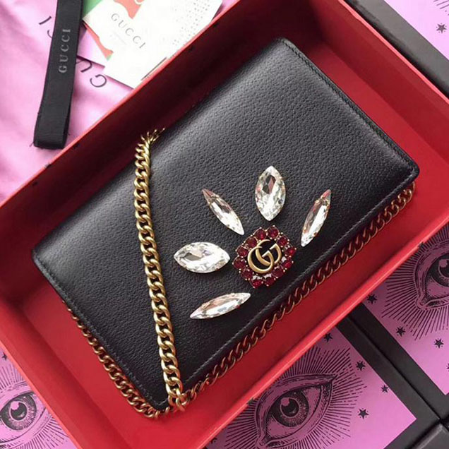 Gucci Leather Mini Chain Bag With Double G And Crystals 499782 Black Leather
