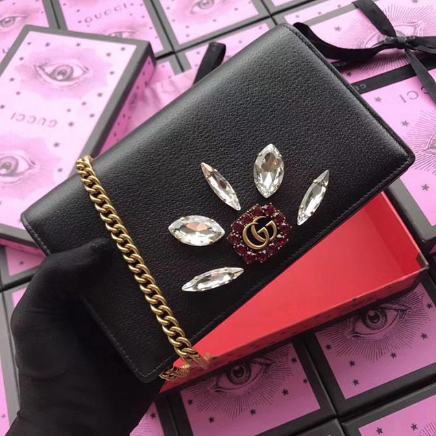 Gucci Leather Mini Chain Bag With Double G And Crystals 499782 Black Leather