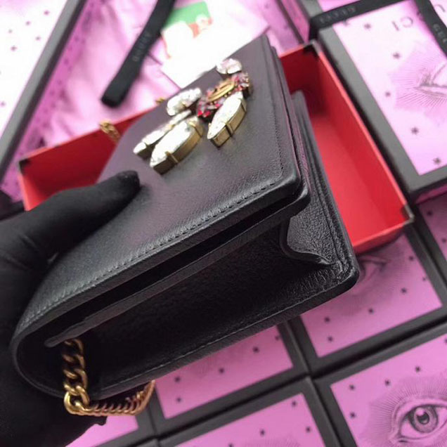Gucci Leather Mini Chain Bag With Double G And Crystals 499782 Black Leather