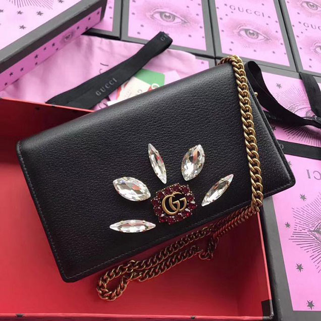 Gucci Leather Mini Chain Bag With Double G And Crystals 499782 Black Leather