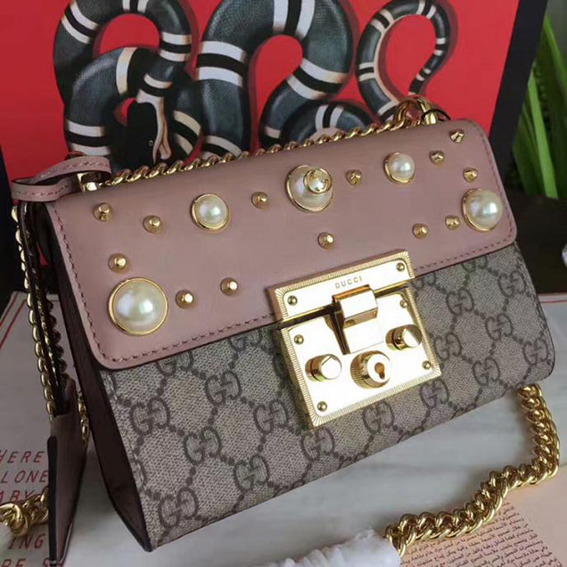 Gucci Padlock Studded GG Supreme Shoulder Bag 432182 Pink