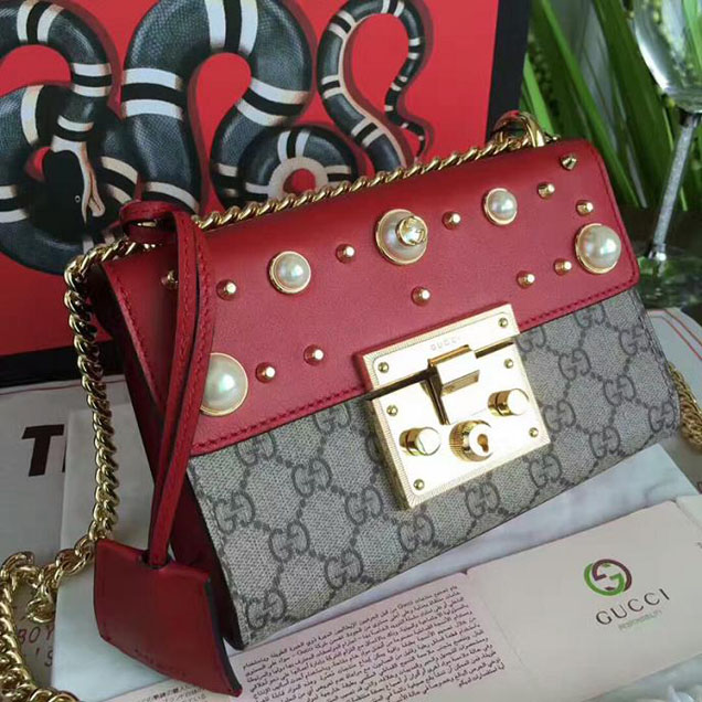 Gucci Padlock Studded GG Supreme Shoulder Bag 432182 Red