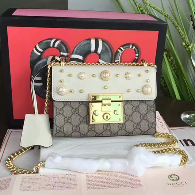 Gucci Padlock Studded GG Supreme Shoulder Bag 432182 White