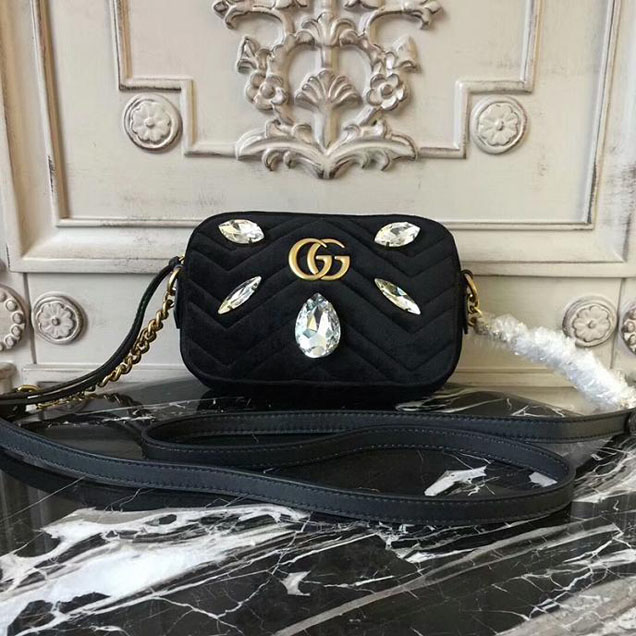 Gucci GG Marmont Velvet Mini Bag With Crystals 476434 2018 Collection Black