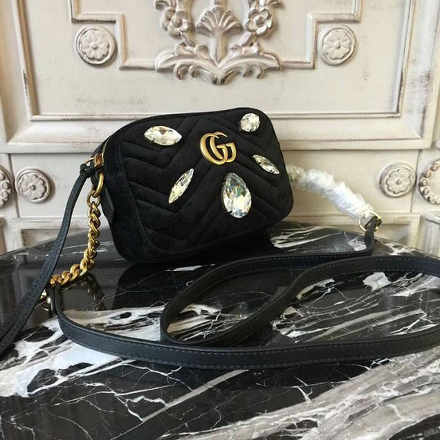 Gucci GG Marmont Velvet Mini Bag With Crystals 476434 2018 Collection Black