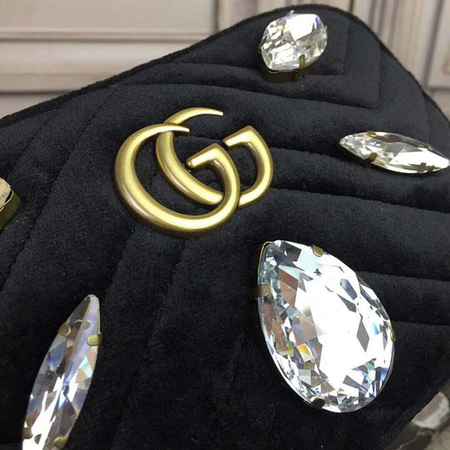 Gucci GG Marmont Velvet Mini Bag With Crystals 476434 2018 Collection Black