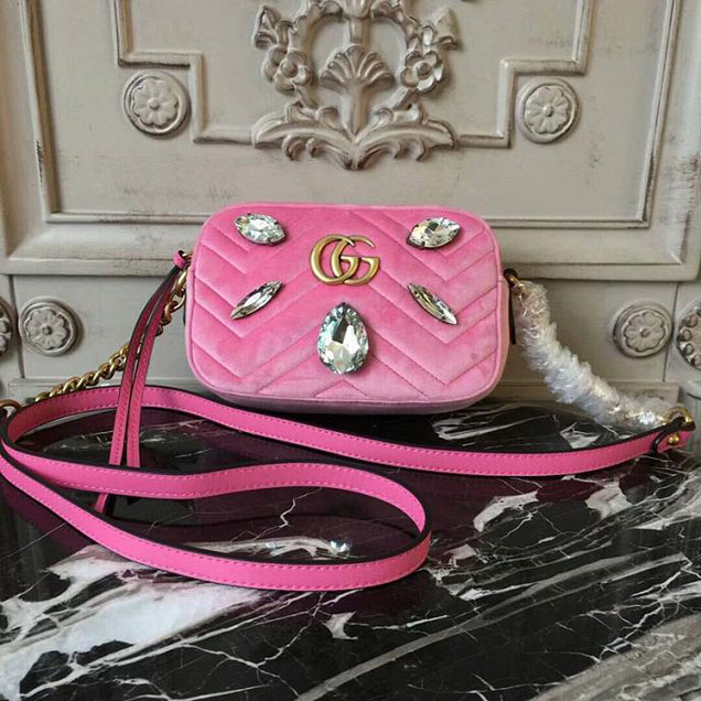 Gucci GG Marmont Velvet Mini Bag With Crystals 476434 2018 Collection Pink