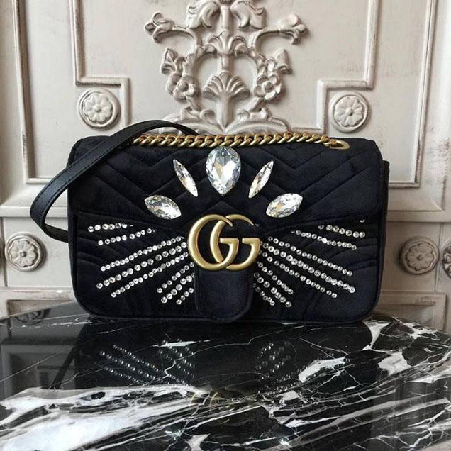 Gucci GG Marmont Velvet Small Shoulder Bag With Crystals Black 2018 Collection