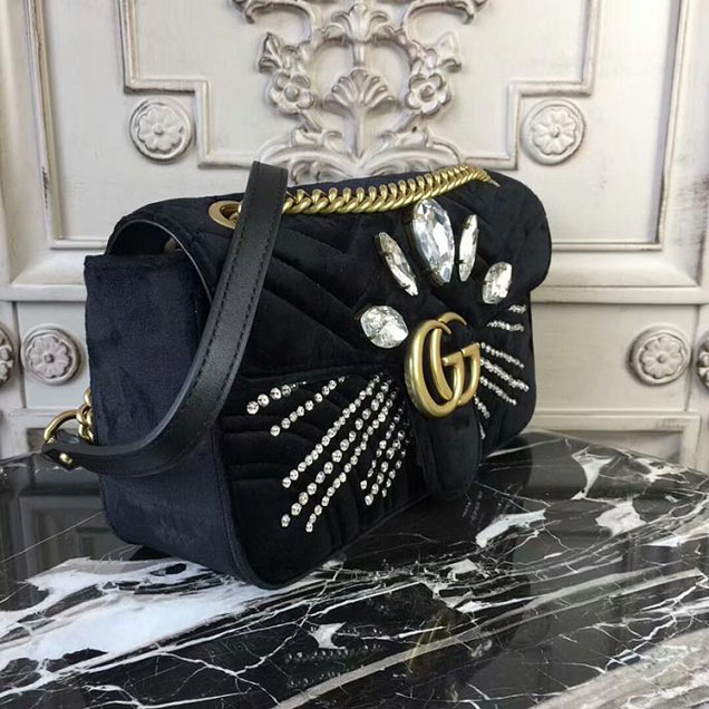 Gucci GG Marmont Velvet Small Shoulder Bag With Crystals Black 2018 Collection