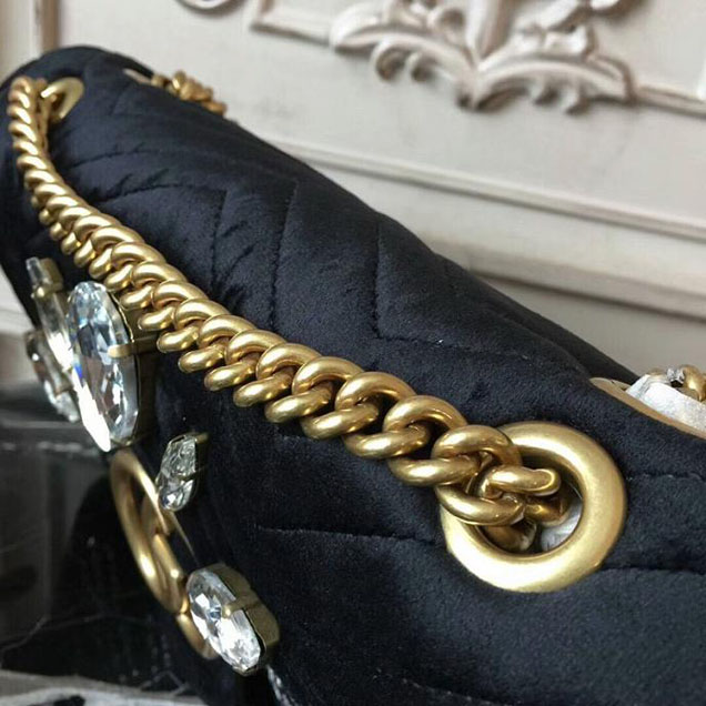 Gucci GG Marmont Velvet Small Shoulder Bag With Crystals Black 2018 Collection