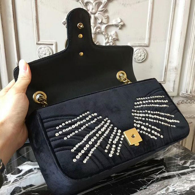 Gucci GG Marmont Velvet Small Shoulder Bag With Crystals Black 2018 Collection