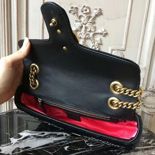 Gucci GG Marmont Velvet Small Shoulder Bag With Crystals Black 2018 Collection
