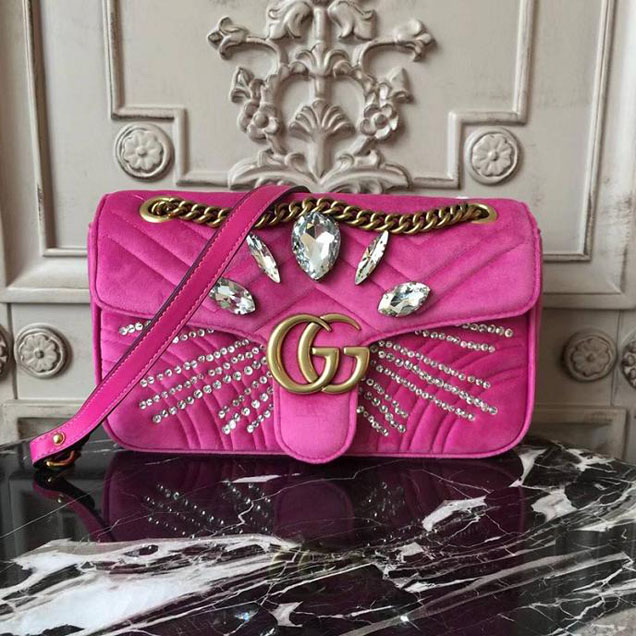 Gucci GG Marmont Velvet Small Shoulder Bag With Crystals Purple 2018 Collection