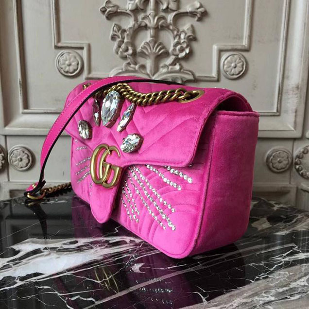 Gucci GG Marmont Velvet Small Shoulder Bag With Crystals Purple 2018 Collection