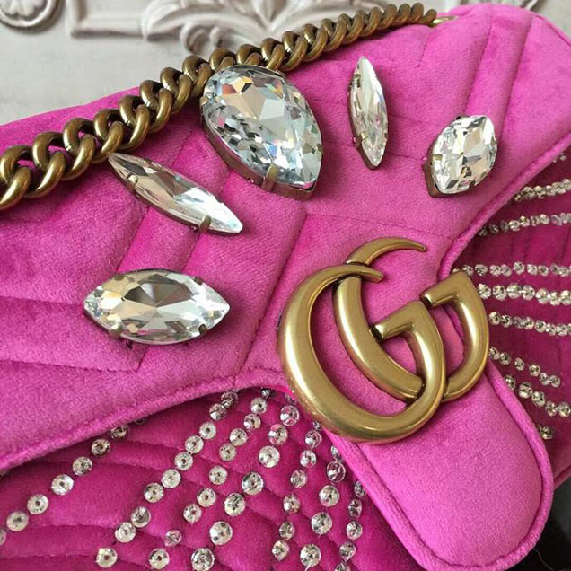 Gucci GG Marmont Velvet Small Shoulder Bag With Crystals Purple 2018 Collection