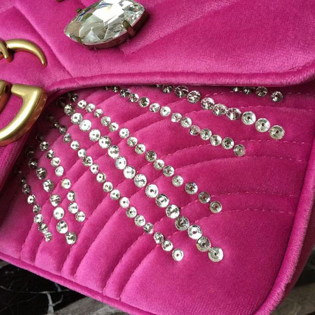 Gucci GG Marmont Velvet Small Shoulder Bag With Crystals Purple 2018 Collection