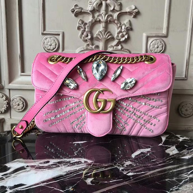 Gucci GG Marmont Velvet Small Shoulder Bag With Crystals 443497 Pink 2018 Collection