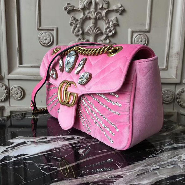 Gucci GG Marmont Velvet Small Shoulder Bag With Crystals 443497 Pink 2018 Collection