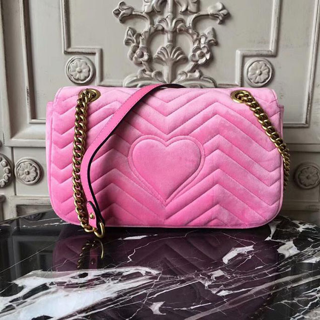 Gucci GG Marmont Velvet Small Shoulder Bag With Crystals 443497 Pink 2018 Collection