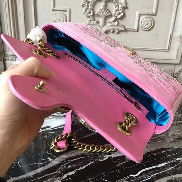 Gucci GG Marmont Velvet Small Shoulder Bag With Crystals 443497 Pink 2018 Collection