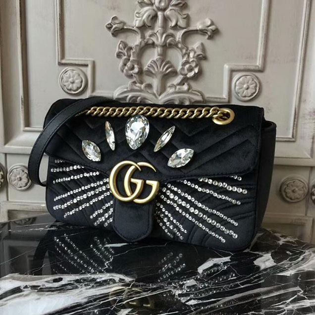 Gucci GG Marmont Velvet Small Shoulder Bag With Crystals 443497 Black 2018 Collection