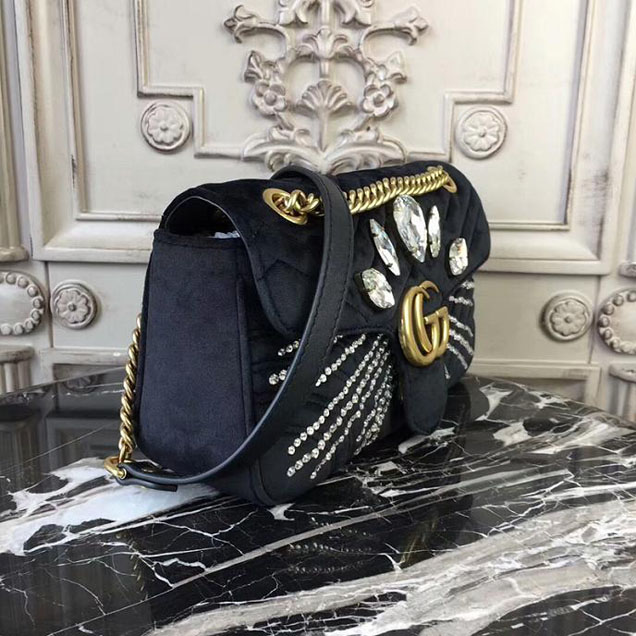 Gucci GG Marmont Velvet Small Shoulder Bag With Crystals 443497 Black 2018 Collection