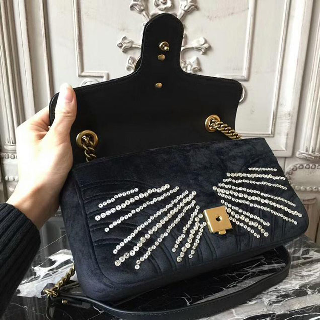 Gucci GG Marmont Velvet Small Shoulder Bag With Crystals 443497 Black 2018 Collection