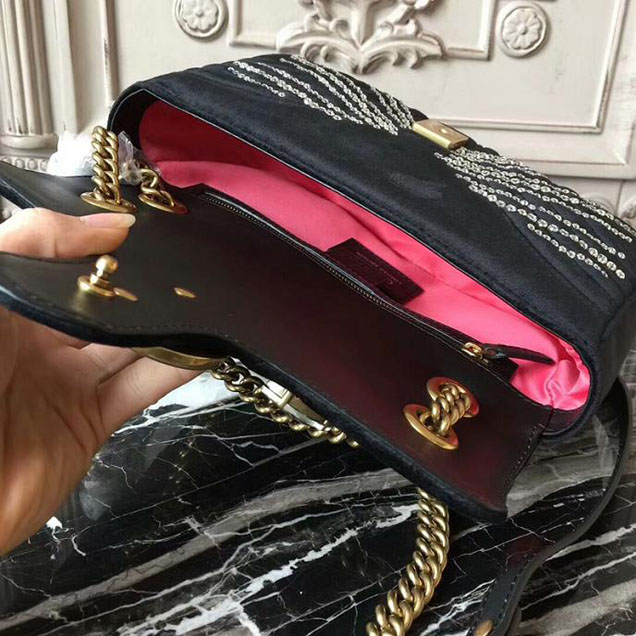 Gucci GG Marmont Velvet Small Shoulder Bag With Crystals 443497 Black 2018 Collection