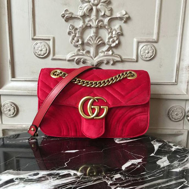 Gucci Marmont Chevron Velvet Shoulder Bag 22cm Fall Winter 2017 Collection Red