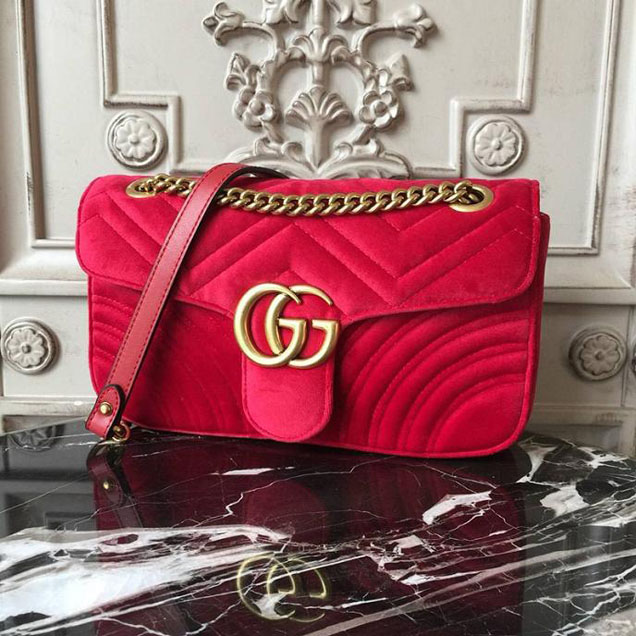 Gucci Marmont Chevron Velvet Shoulder Bag 26cm 443497 Fall Winter 2017 Collection Red