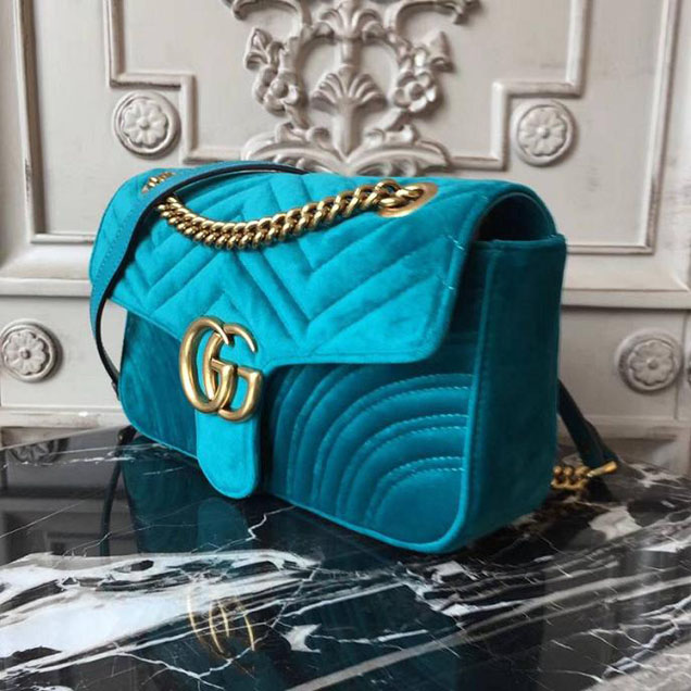 Gucci Marmont Chevron Velvet Shoulder Bag 26cm 443497 Fall Winter 2017 Collection Turquoise
