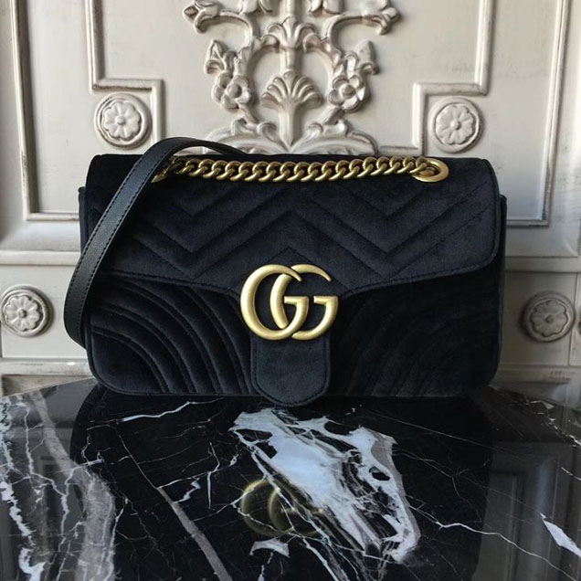 Gucci Marmont Chevron Velvet Shoulder Bag 26cm 443497 Fall Winter 2017 Collection Black