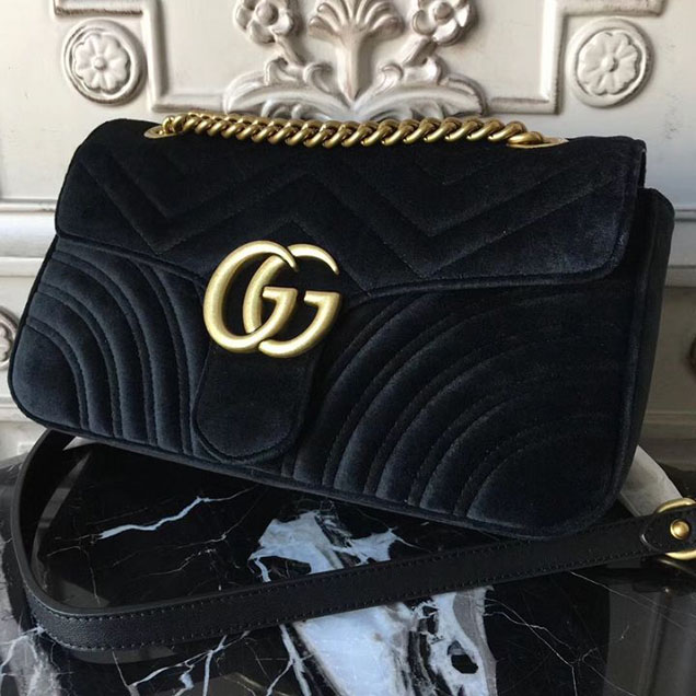 Gucci Marmont Chevron Velvet Shoulder Bag 26cm 443497 Fall Winter 2017 Collection Black