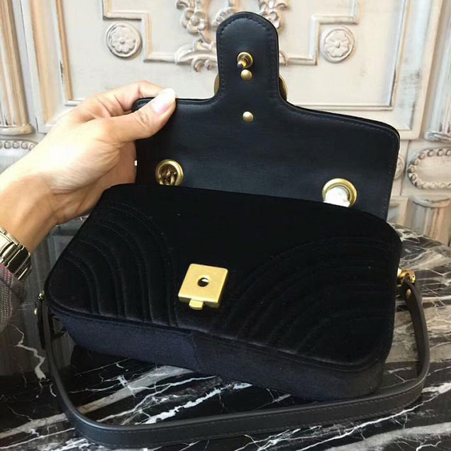 Gucci Marmont Chevron Velvet Shoulder Bag 446744 22cm Black