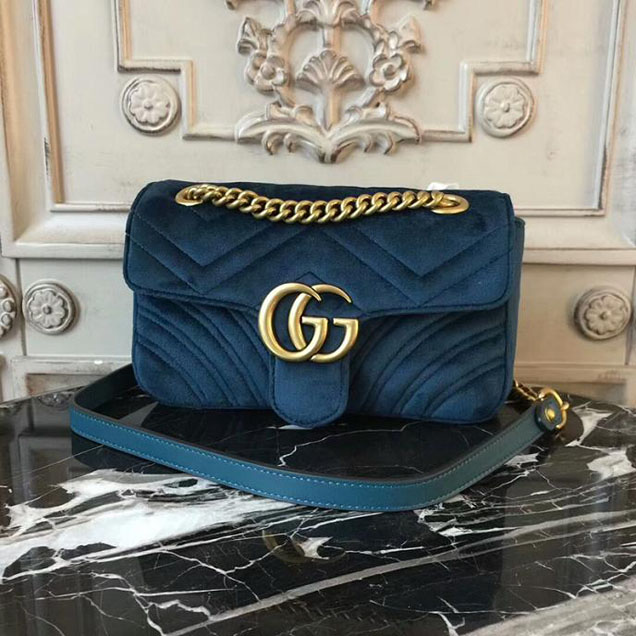 Gucci Marmont Chevron Velvet Shoulder Bag 446744 22cm Blue