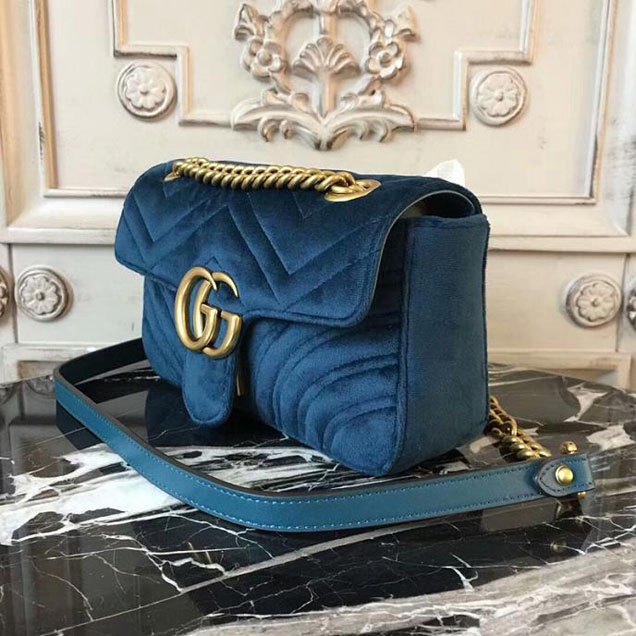 Gucci Marmont Chevron Velvet Shoulder Bag 446744 22cm Blue