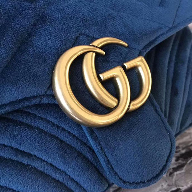 Gucci Marmont Chevron Velvet Shoulder Bag 446744 22cm Blue