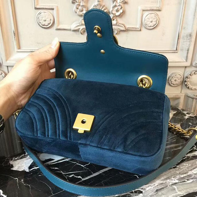Gucci Marmont Chevron Velvet Shoulder Bag 446744 22cm Blue