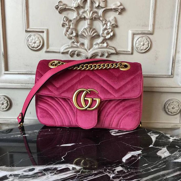 Gucci Marmont Chevron Velvet Shoulder Bag 446744 22cm Fuchsia