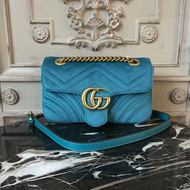 Gucci Marmont Chevron Velvet Shoulder Bag 446744 22cm Turquoise